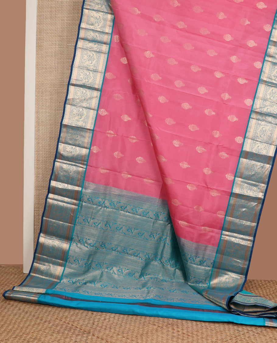 Pink zari buttas silk saree, contrast border of rekku,muthu,dhavana kodi,kuyil kann,mayil & iru thalai pakshi & pallu of traditional designs