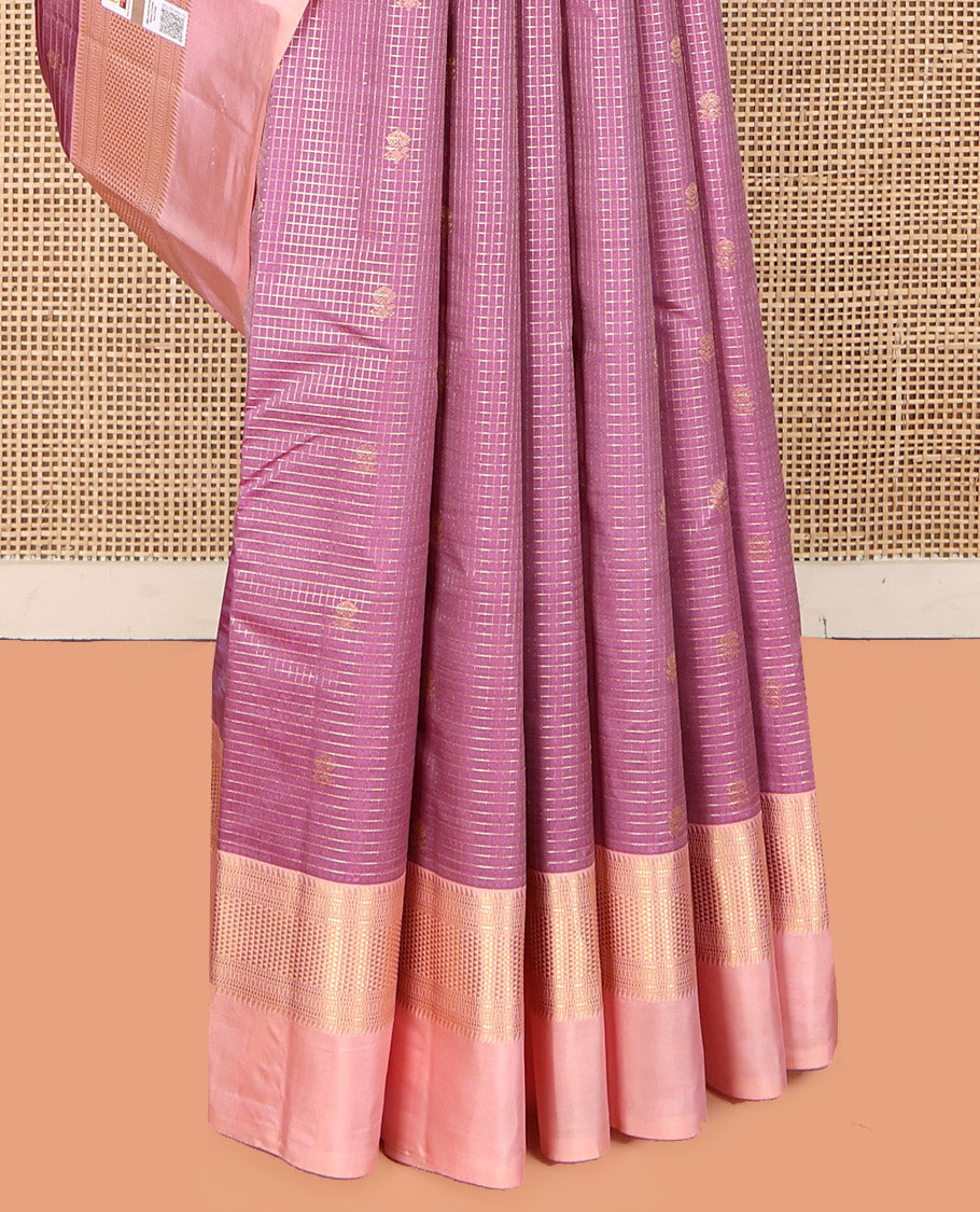 Pink Vasundhara Silk Saree, Bedecked with Zari Buttas and Checks, Complemented by a Contrast Kal Eragina Border of Ara Bogudi, Muthu, and Ara Maadam, Jaal Pallu, and a Contrast Blouse