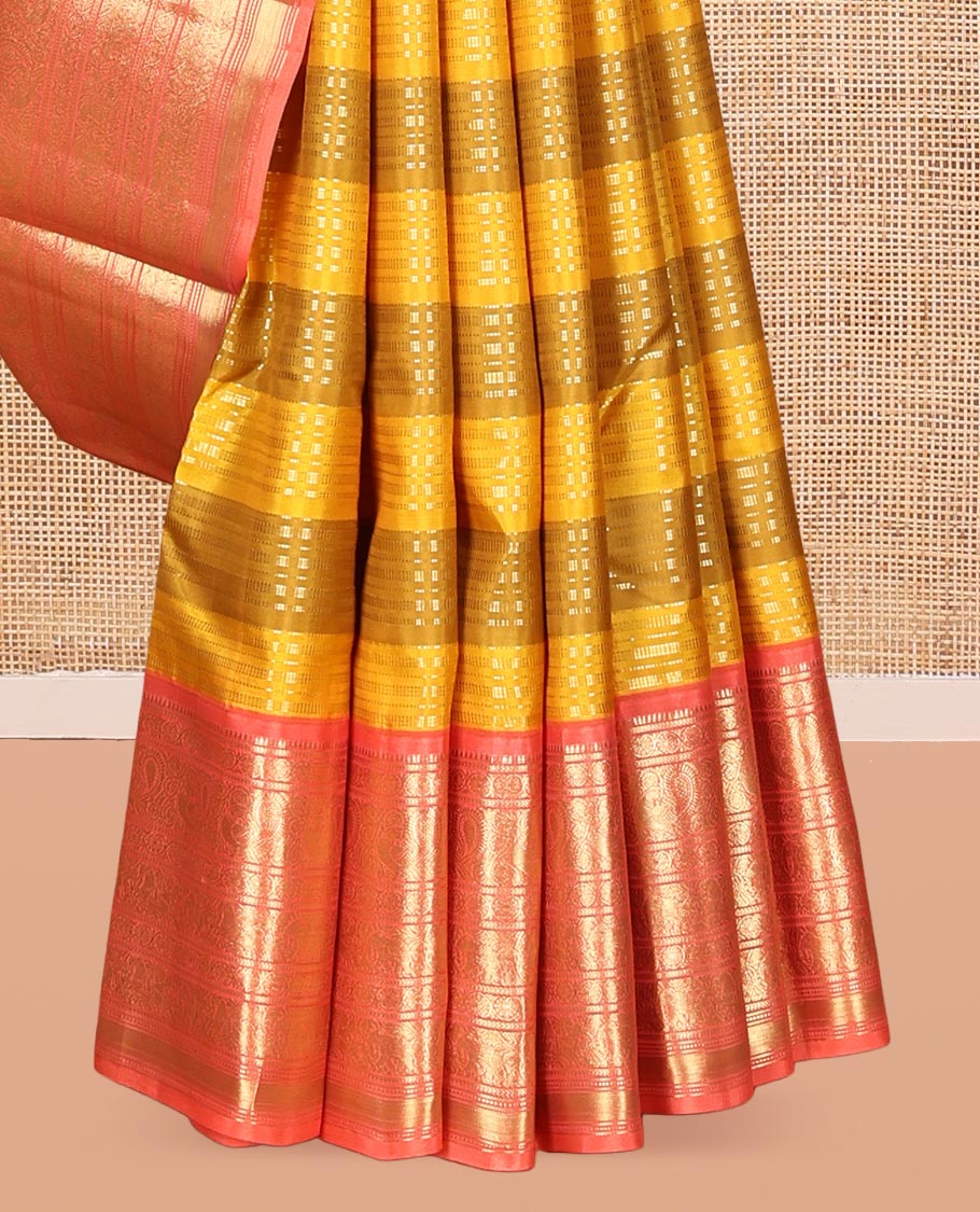 Yellow Striped Vasundhara Silk Saree, Complemented by a Contrast Border of Rekku, Kathir, Kodi Visiry, Mayil, and Yaanai Designs, Grand Pallu, and Contrast Blouse