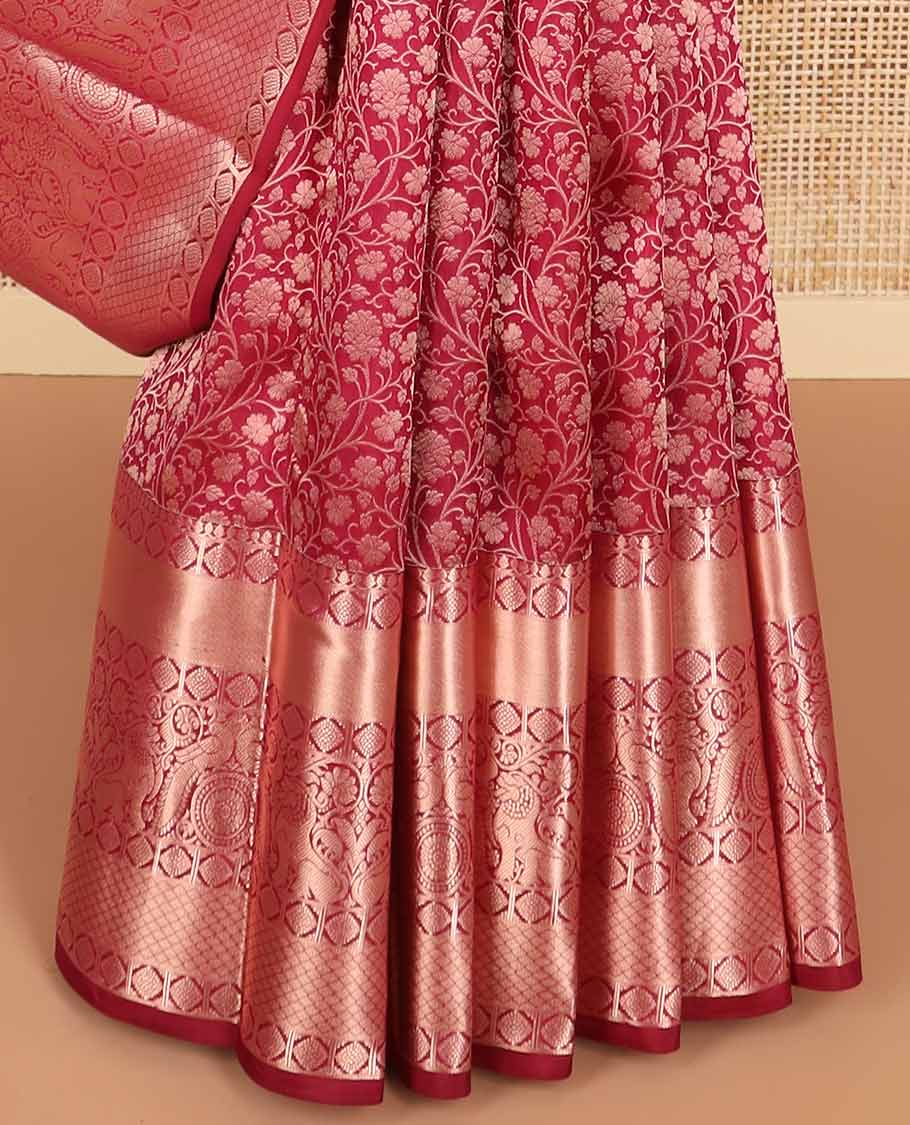 Red jaal design kancheepuram silk saree with self floral design border & intricate zari design pallu