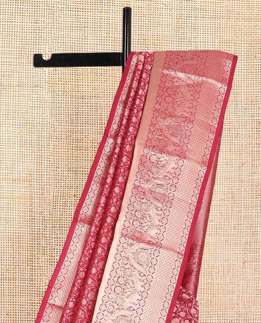Red jaal design kancheepuram silk saree with self floral design border & intricate zari design pallu