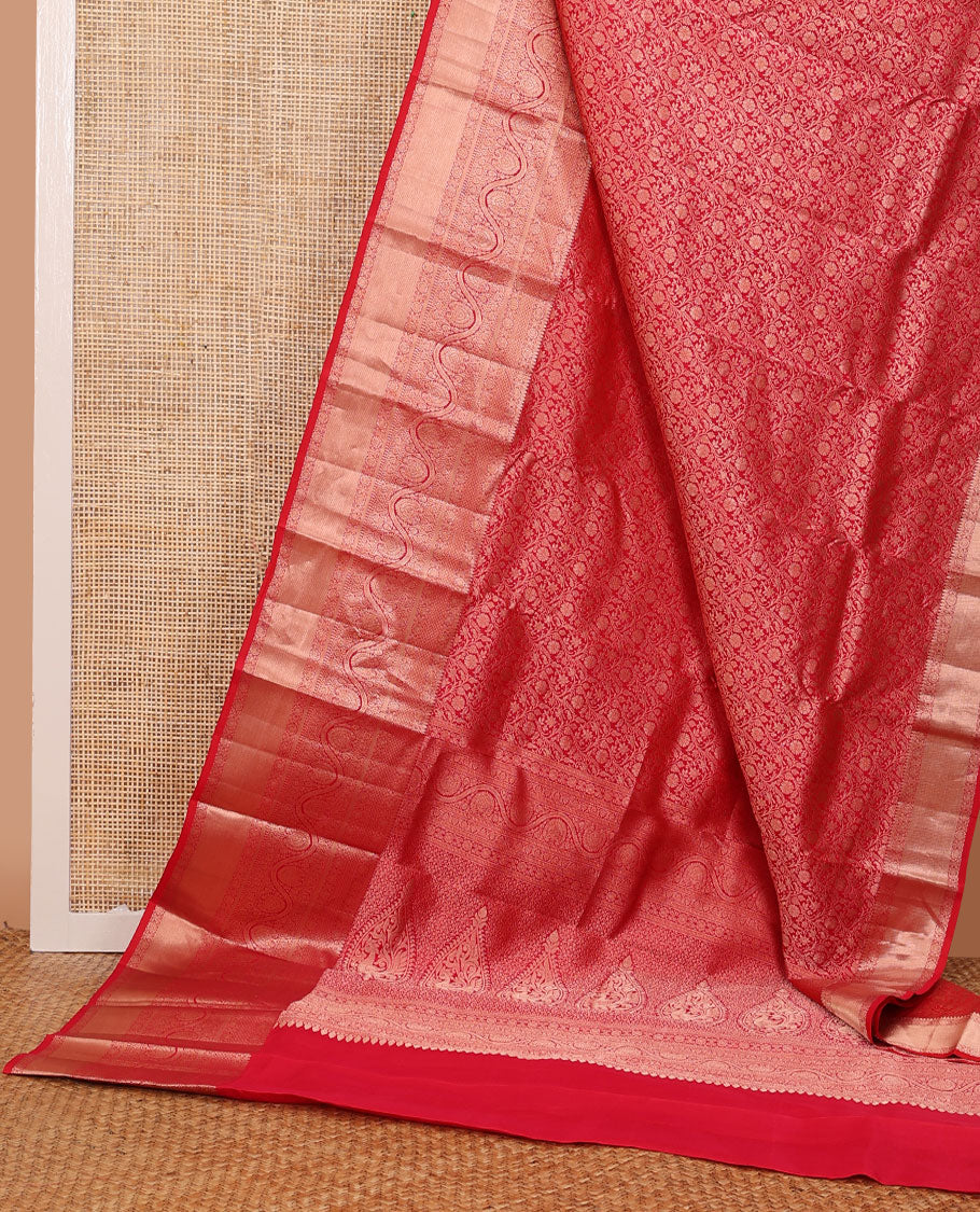Red jacquard wedding silk saree, intricate pallu & border of thilakam mokku,mayil kann,kathir & dhavana kodi designs