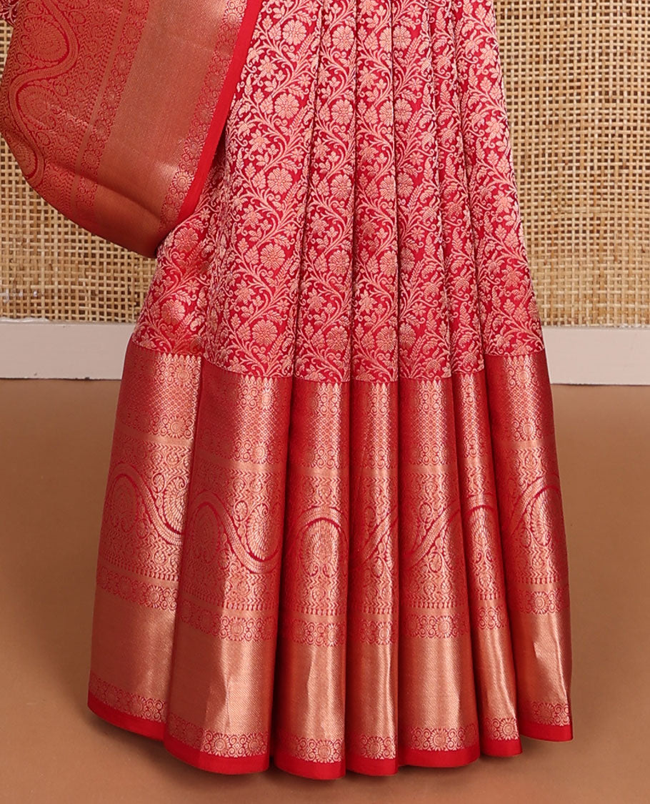 Red jacquard wedding silk saree, intricate pallu & border of thilakam mokku,mayil kann,kathir & dhavana kodi designs