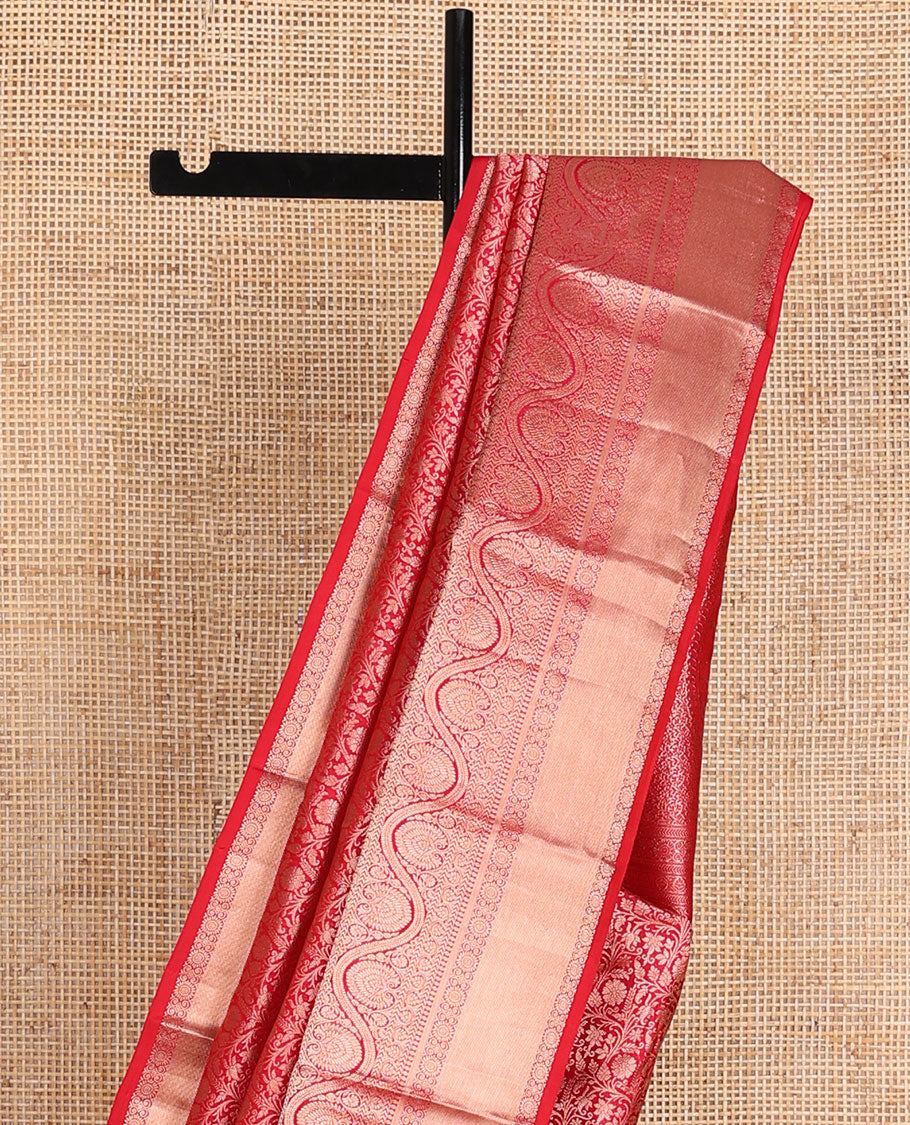 Red jacquard wedding silk saree, intricate pallu & border of thilakam mokku,mayil kann,kathir & dhavana kodi designs