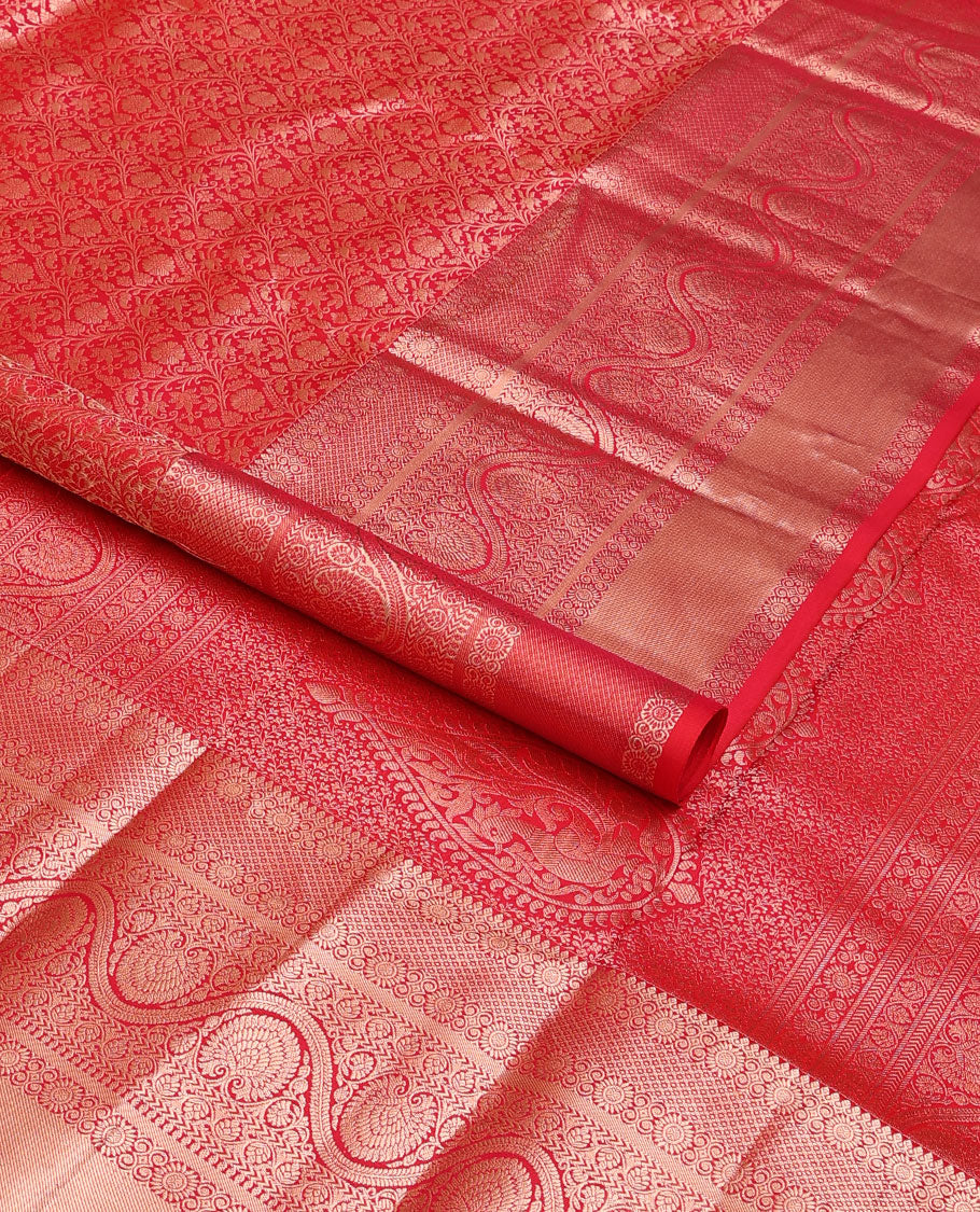 Red jacquard wedding silk saree, intricate pallu & border of thilakam mokku,mayil kann,kathir & dhavana kodi designs