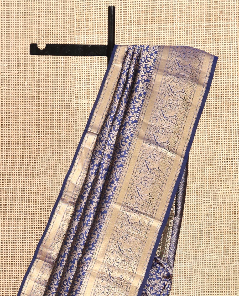 Blue Kanchipuram Wedding Silk Saree, Elegantly Highlighted with Jacquard Design, a Zari Border of Rekku, Muthu, Poun and Mayil Designs, Grand Pallu, and a Matching Blouse