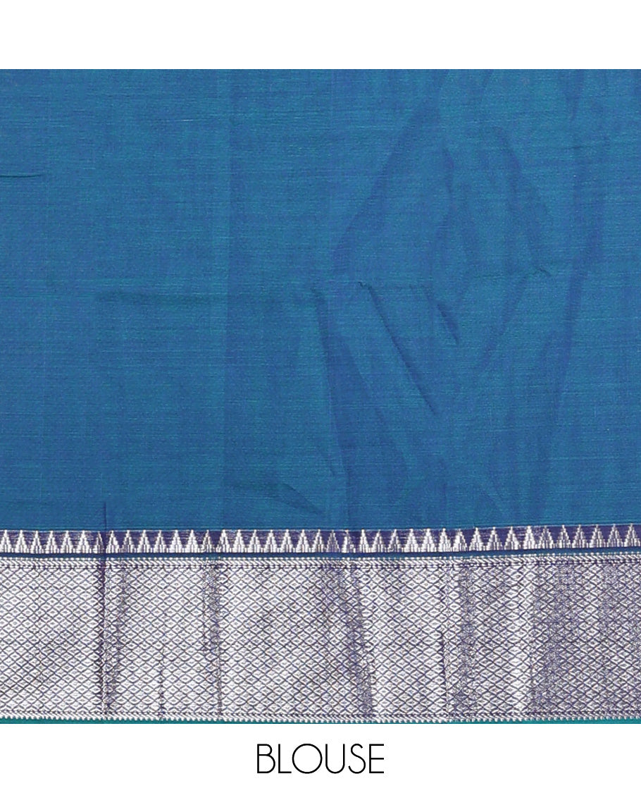 Blue cotton half-saree, plain with contrast traditional zari bordered skirt, matching blouse, and contrast zari border dhavani