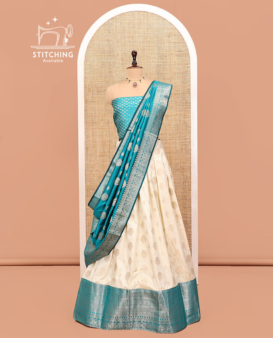 Cream-Blue Art Silk Half Saree, Embellished with Zari Buttas Skirt, Contrast Traditional Border, Jacquard Blouse, and a Contrast Banaras Dhavani