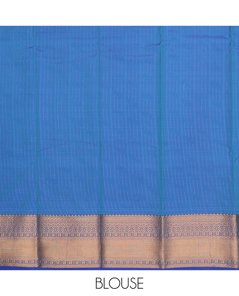 Turquoise art silk pavadai set, zari design with contrast traditional zari bordered skirt and a contrast zari border blouse