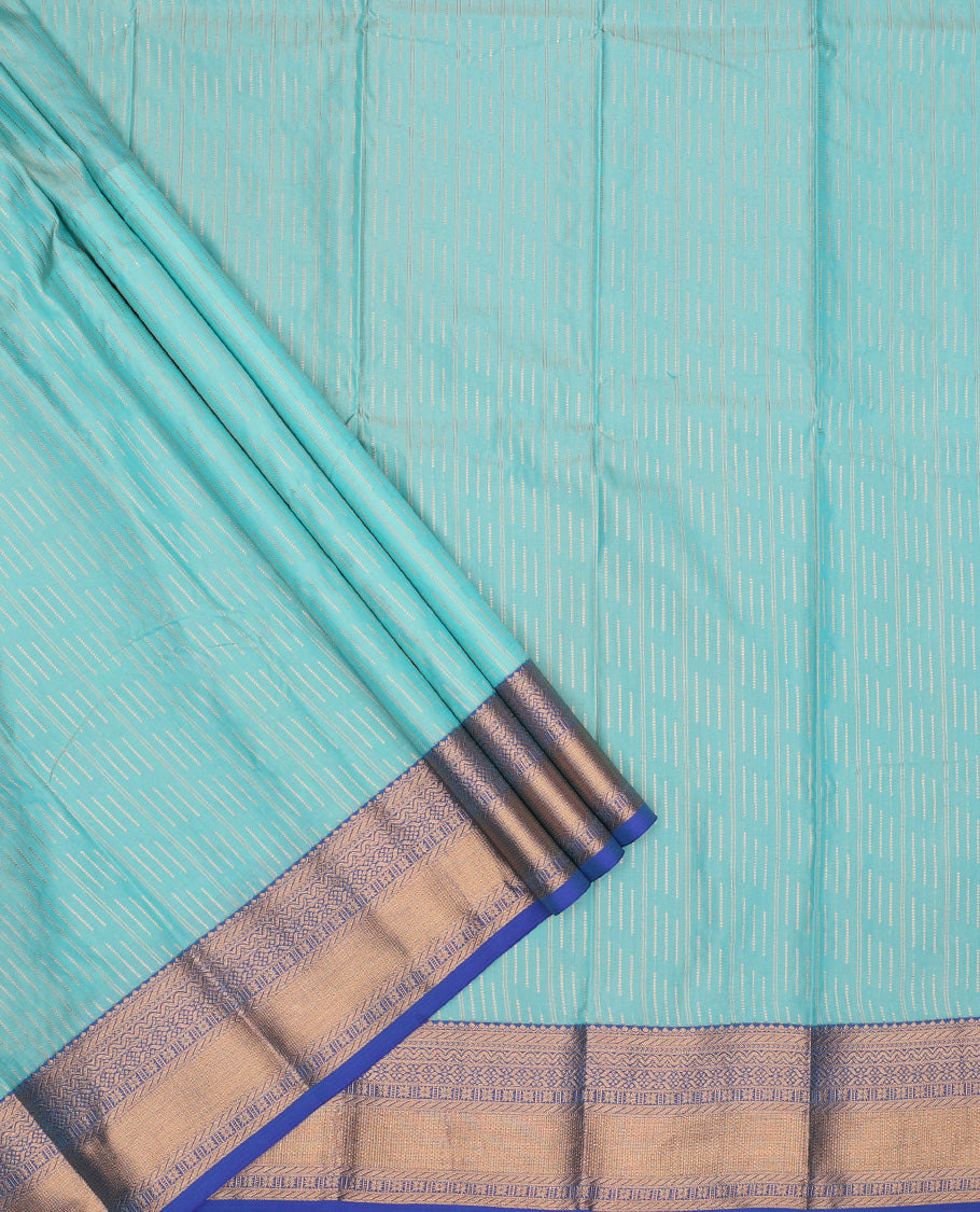 Turquoise art silk pavadai set, zari design with contrast traditional zari bordered skirt and a contrast zari border blouse