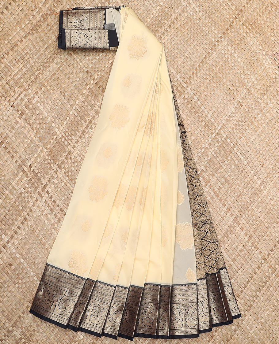 Cream butta enclosed checked budget silk saree, contrast traditional zari border, and intricate pallu