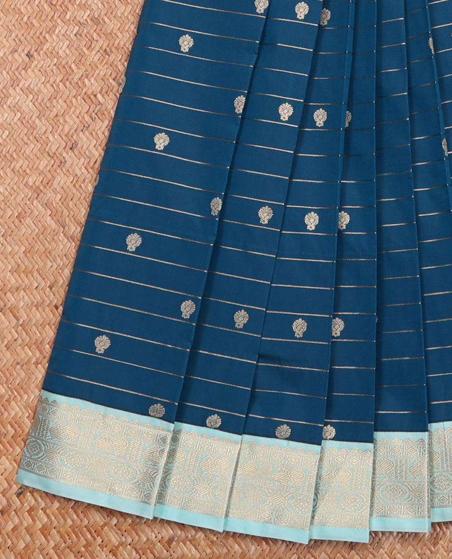 Blue Budget Silk Saree Finely Crafted with Zari Stripes and Buttas, Highlighted with a Contrast Traditional Zari Border, Subtly Woven Pallu, and Paired with a Contrast Blouse