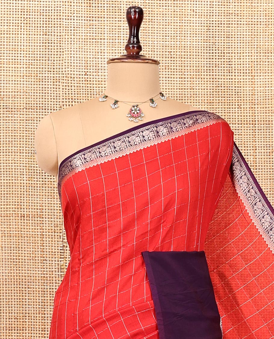 Red Assam Silk Saree, Subtly Sparkled with Checks, Complemented by a Contrast Bird Motifs Zari Border, Zari-Striped Pallu, and a Contrast Blouse