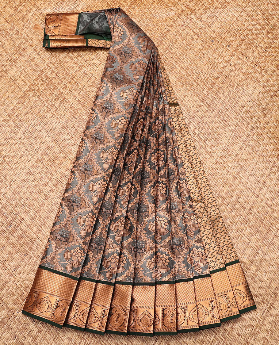 Grey Budget Silk Saree, Highlighted with Jacquard, Complemented by Contrast Traditional Zari Border, Intricate Pallu, and a Contrast Blouse