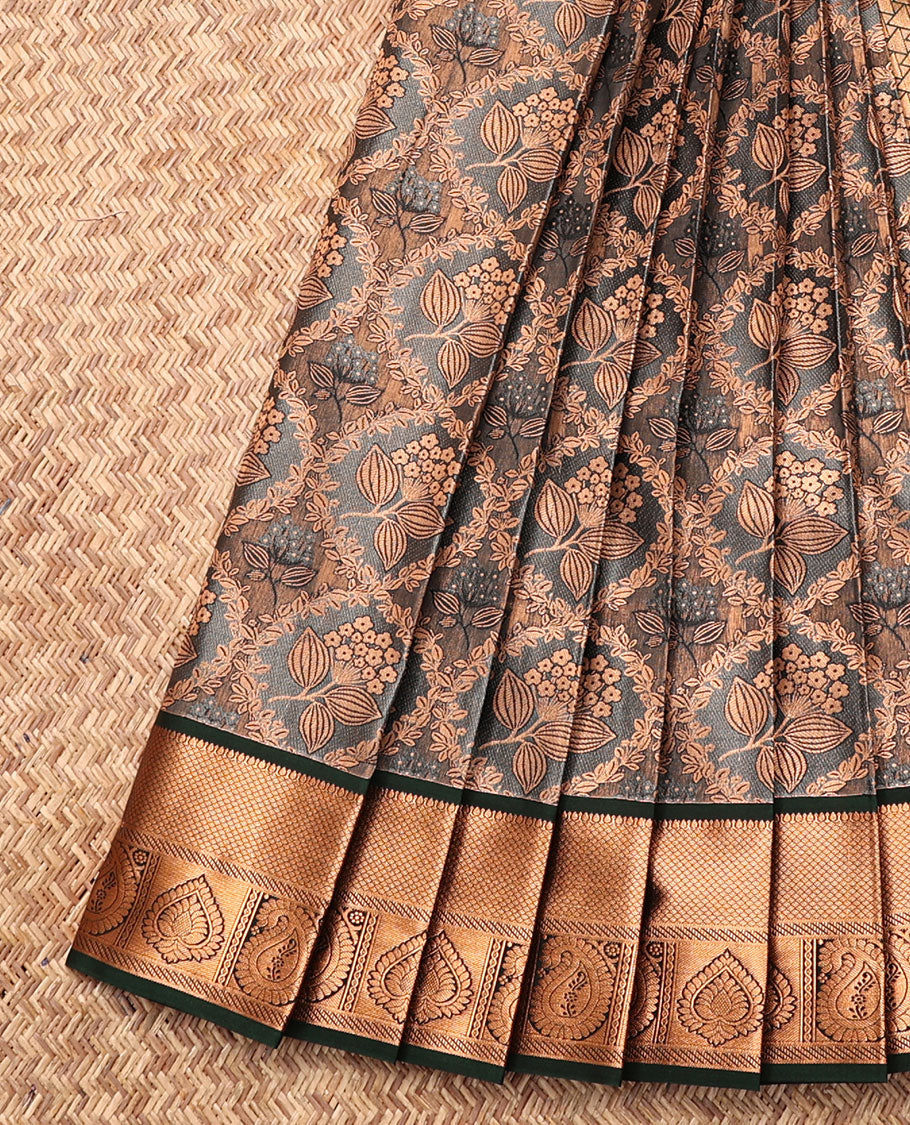Grey Budget Silk Saree, Highlighted with Jacquard, Complemented by Contrast Traditional Zari Border, Intricate Pallu, and a Contrast Blouse