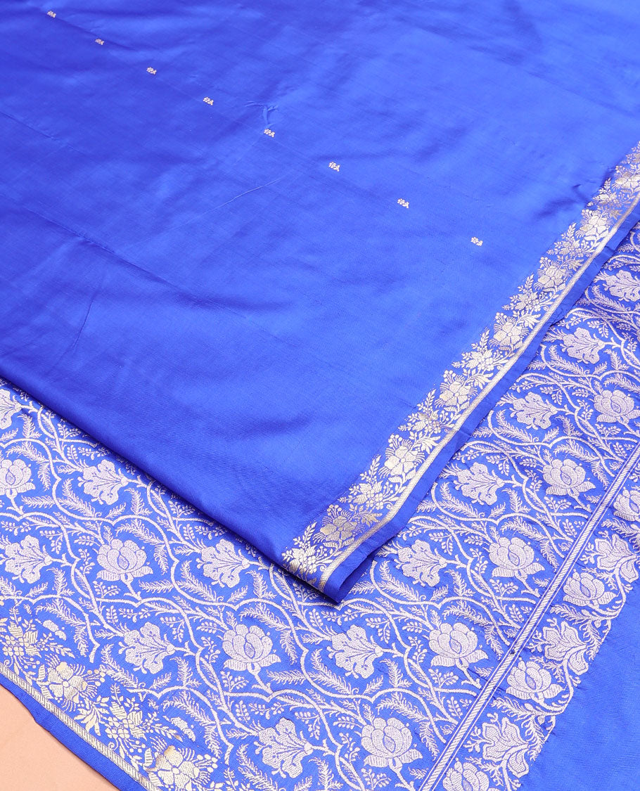 Ultramarine blue buttas banarasi kathan silk saree, floral creeper border, and pallu of floral jaal design