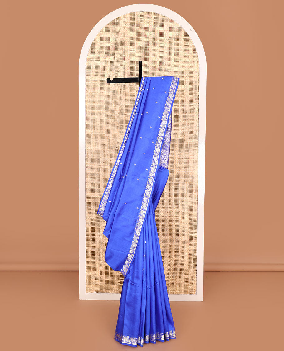 Ultramarine blue buttas banarasi kathan silk saree, floral creeper border, and pallu of floral jaal design