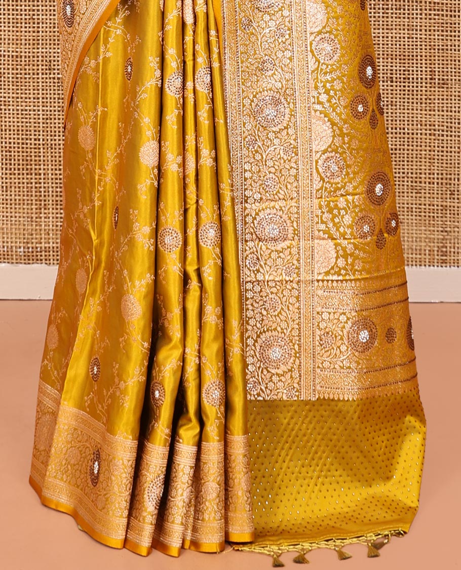 Yellow Banarasi Satin Saree, Subtly Sparkled with Floral Jaal Jacquard, a Floral Creeper Border, Intricate Stonework Pallu, and a Matching Blouse