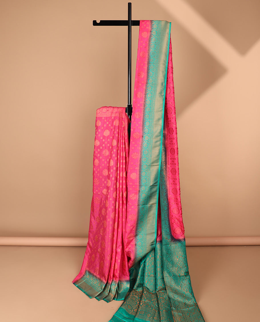 Pink Semi banaras chiffon saree with buttas, contrast traditional design border & intricately designed pallu