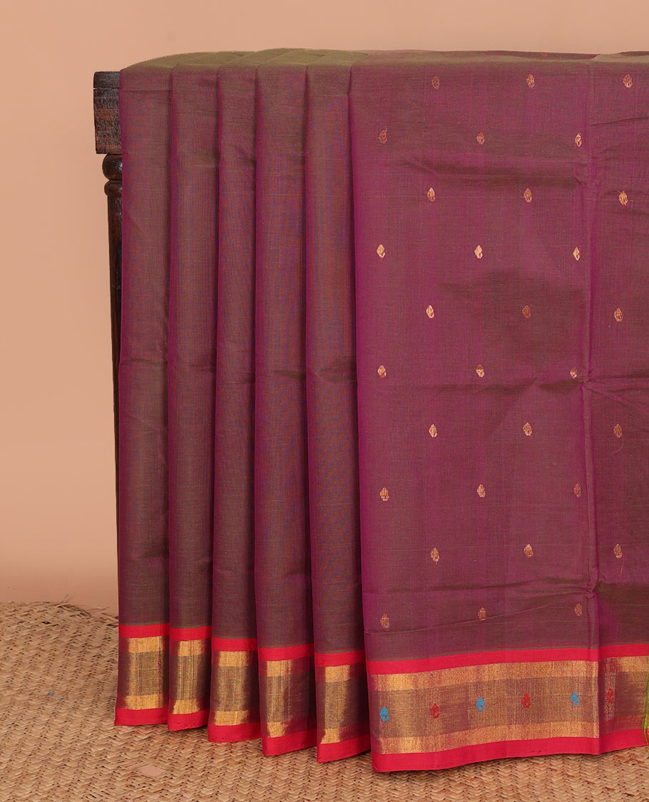 Purple zari buttas Venkatagiri cotton saree, contrast zari and thread border, and zari striped pallu