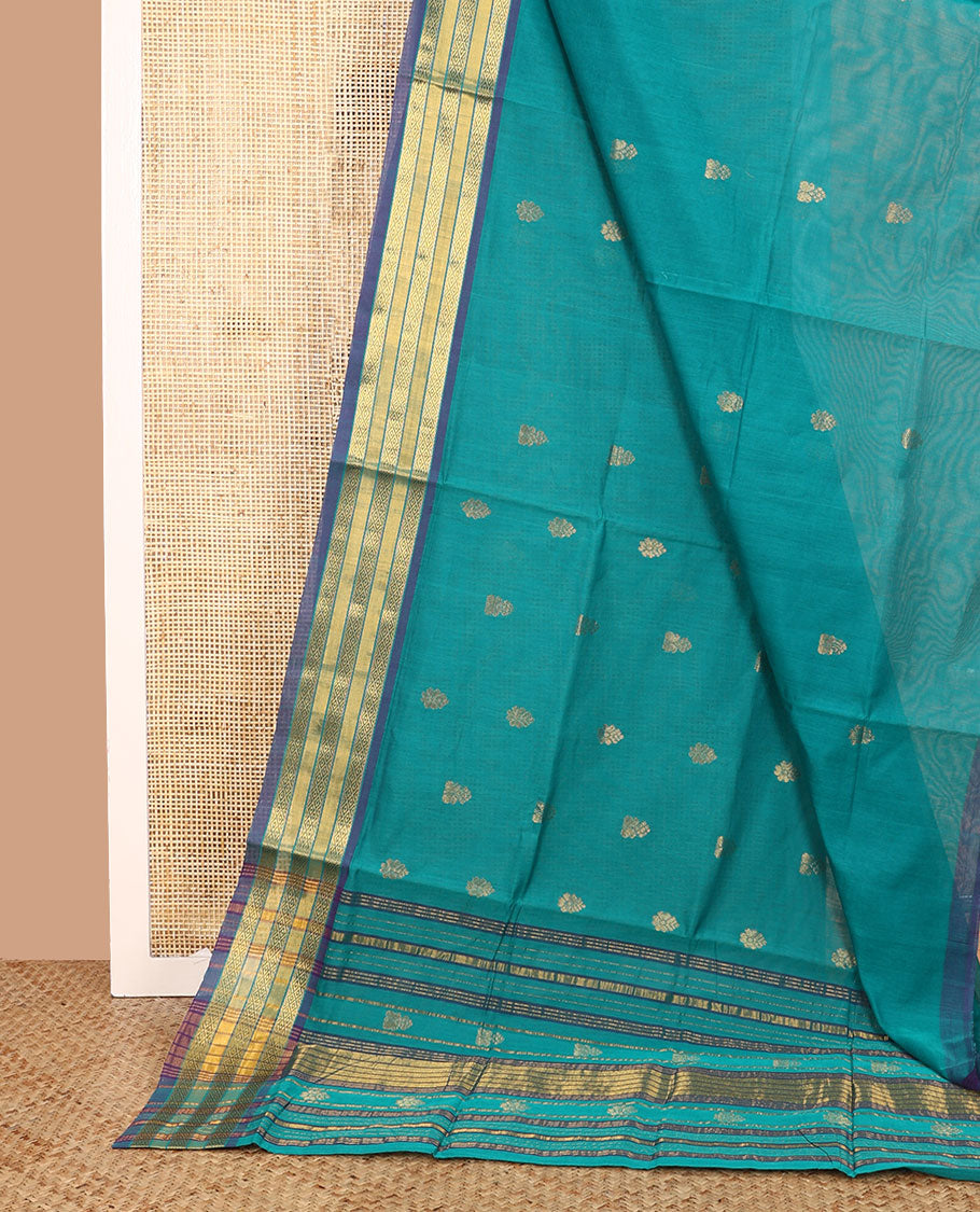 Blue zari buttas Venkatagiri cotton saree with contrast traditional zari border, and pallu of zari designs