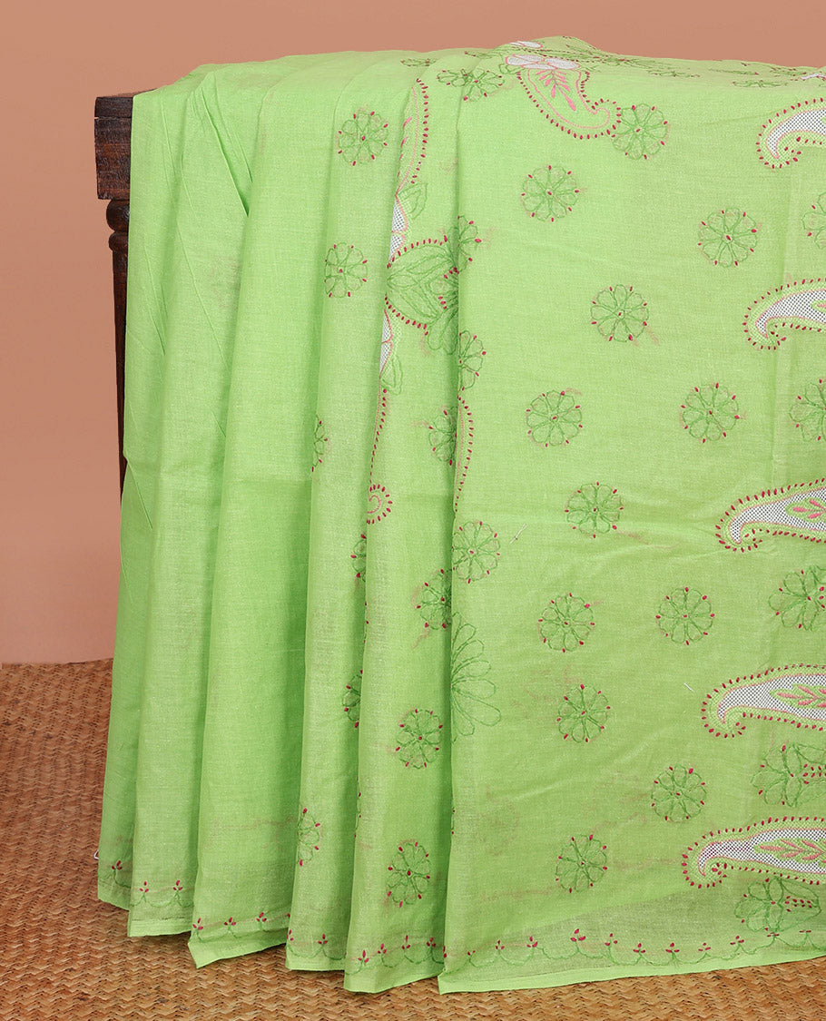 Green Lucknowi Chikankari Cotton Saree, Subtly Sparkled with Floral Motifs Embroidery on Its Body, Subtle Embroidery Border, Pallu of Floral-Paisley Embroidery, and Comes Without a Blouse