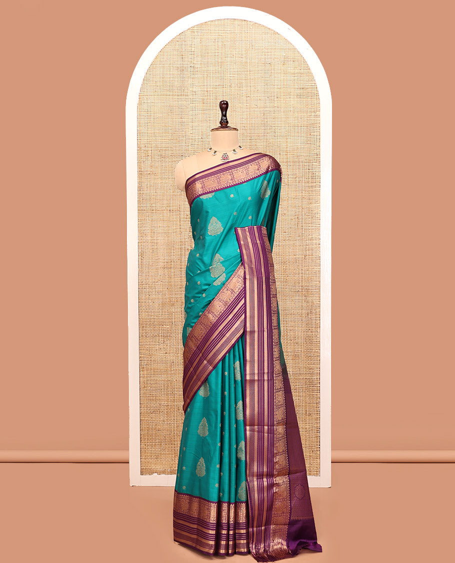 Sapphire Green-Purple Budget Silk Saree, Adorned with Zari Buttas, Complemented by a Contrast Peacock and Elephant Border, Jaal Pallu, and a Contrast Blouse
