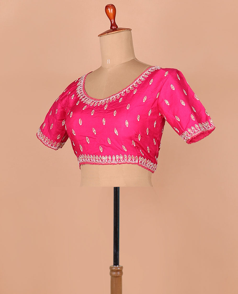 Pink embroidery designer saree, scallop embroidery border & contrast pink leaf-neck embroidered readymade blouse