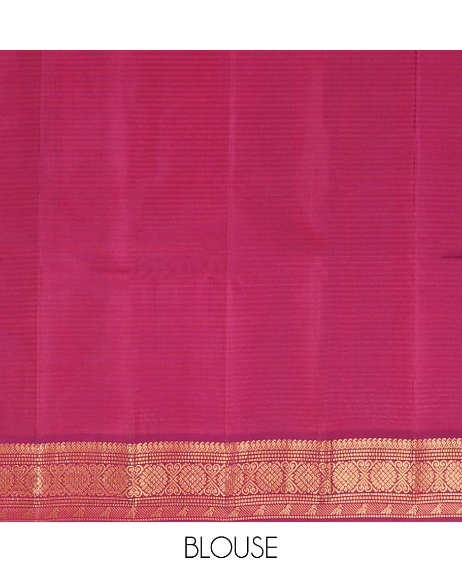 Pink striped and buttas Kanchipuram silk saree, contrast border of thilakam mokku, muthu, jadai nagam, and kili motifs and traditional zari design pallu