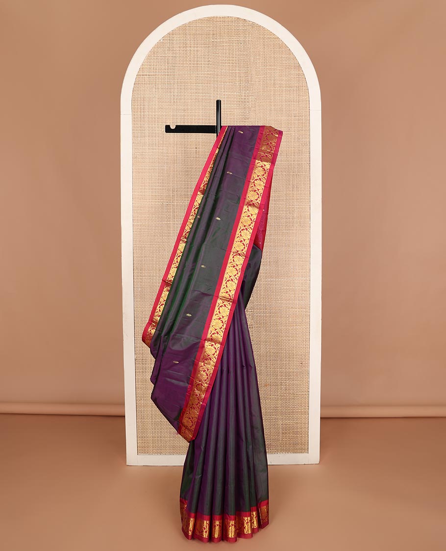 Purple dual-tone Kanchipuram silk saree, contrast border of thilakam mokku,banaras, and kodi visiry, and zari design pallu