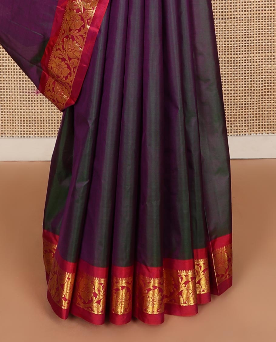 Purple dual-tone Kanchipuram silk saree, contrast border of thilakam mokku,banaras, and kodi visiry, and zari design pallu
