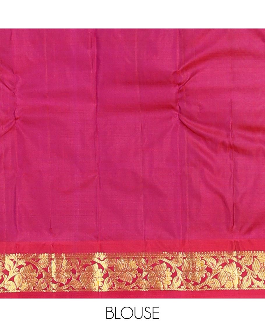 Purple dual-tone Kanchipuram silk saree, contrast border of thilakam mokku,banaras, and kodi visiry, and zari design pallu