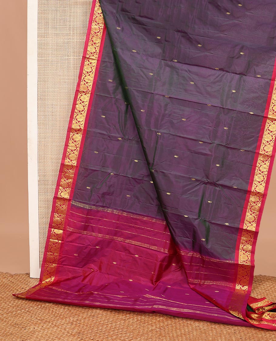 Purple dual-tone Kanchipuram silk saree, contrast border of thilakam mokku,banaras, and kodi visiry, and zari design pallu
