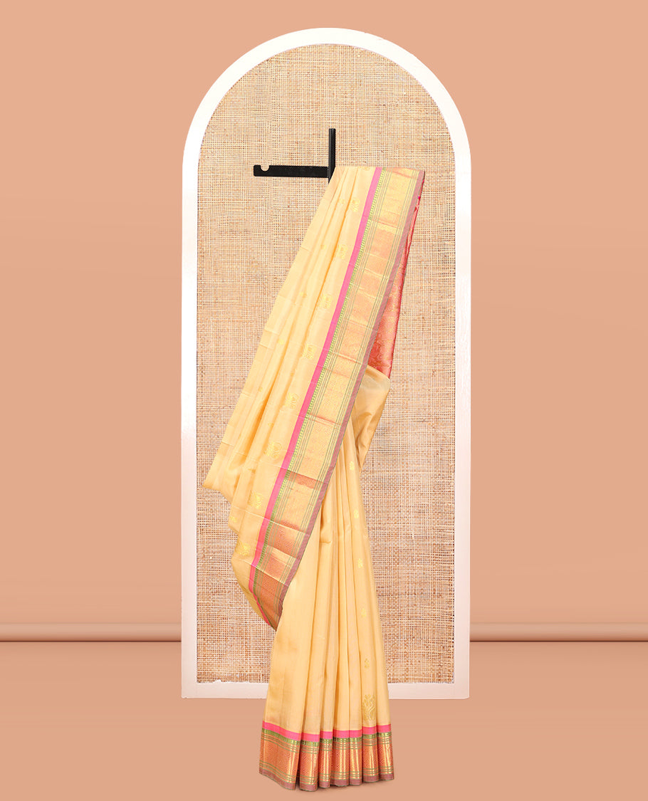 Sandal Kanchipuram Silk Saree, Subtly Woven with Zari Buttas, Complemented by a Contrast Border of Panner Sombu, Banaras, Muthu, and Jaal Design, Zari Design Pallu, and No Blouse