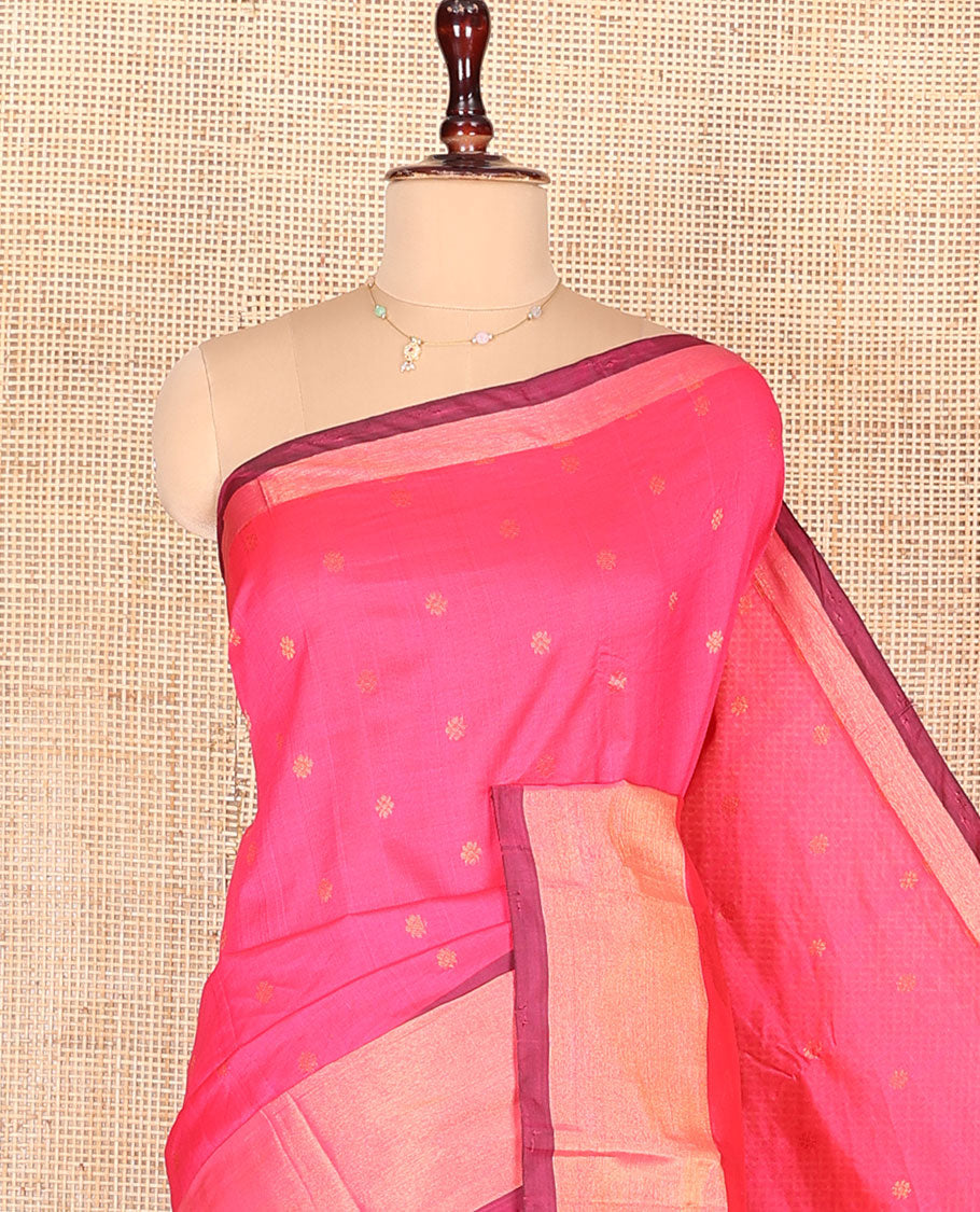Pink Kuppadam Cotton Saree, Adorned with Floral Buttas All Over Its Body, Complemented by a Bavanji Border, Captivating Contrast Pallu of Ogee Patterns, and Paired with a Contrast Blouse