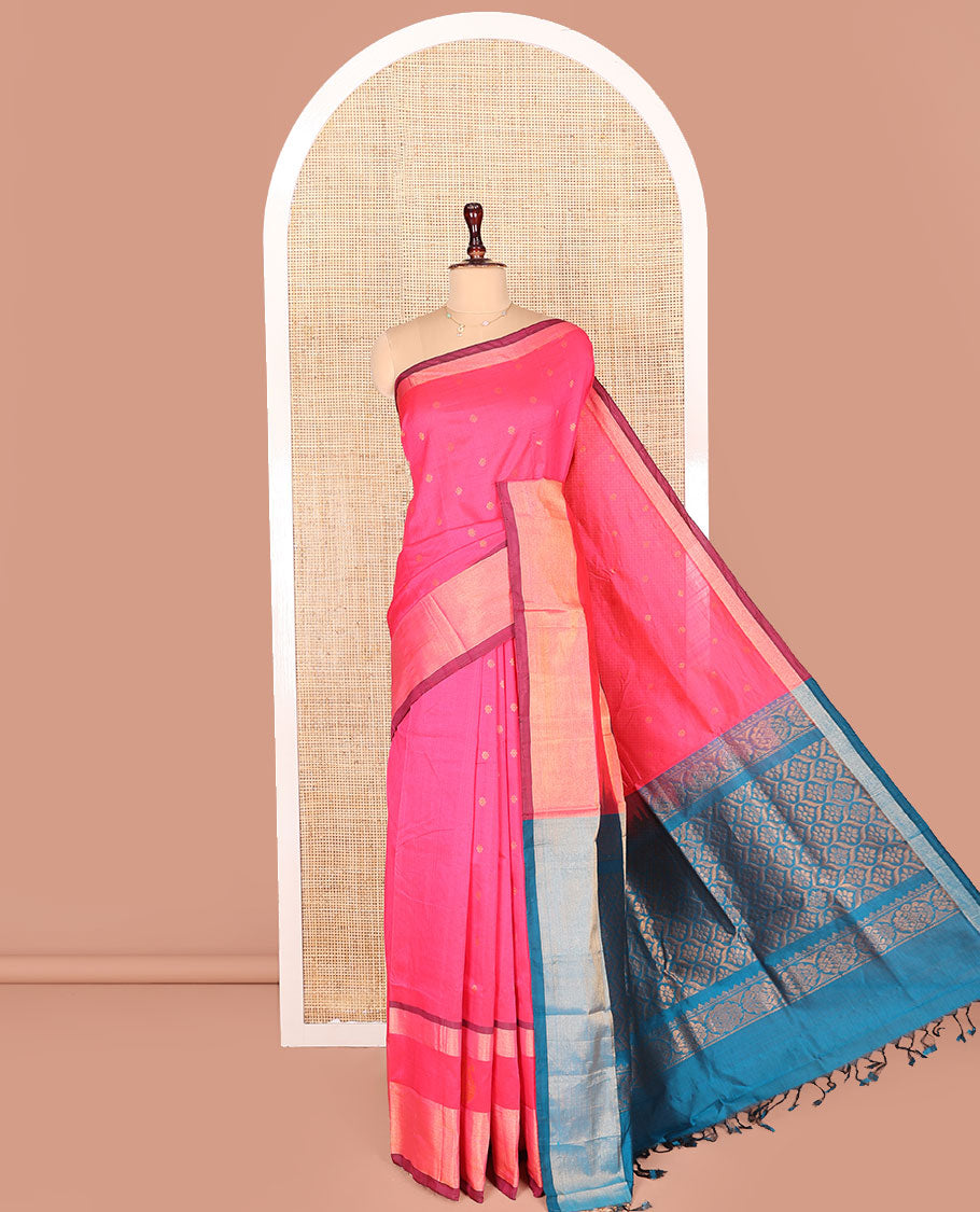 Pink Kuppadam Cotton Saree, Adorned with Floral Buttas All Over Its Body, Complemented by a Bavanji Border, Captivating Contrast Pallu of Ogee Patterns, and Paired with a Contrast Blouse
