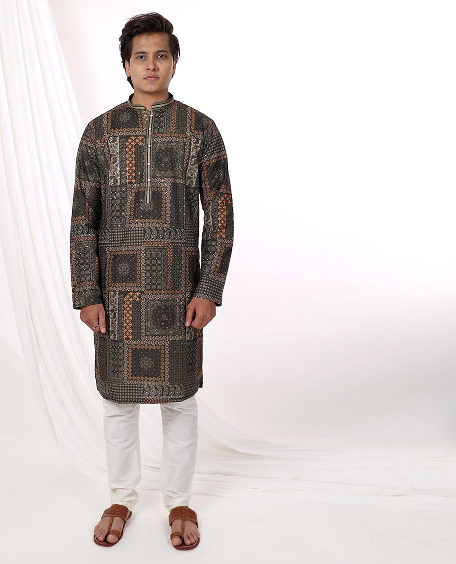 Multi-color ajrakh style floral design with sequins work mandarin collar & full-sleeve long raw silk kurta