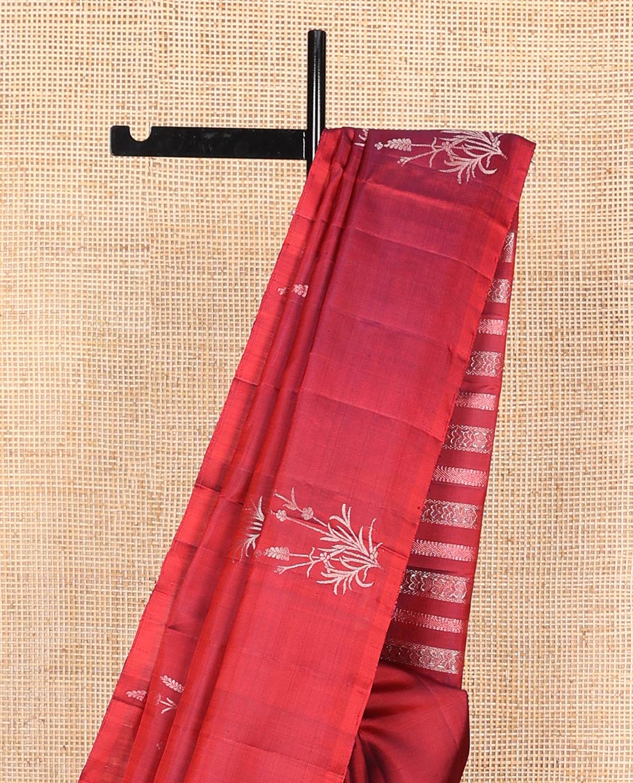 Borderless red zari buttas soft silk saree, zari woven pallu of traditional designs
