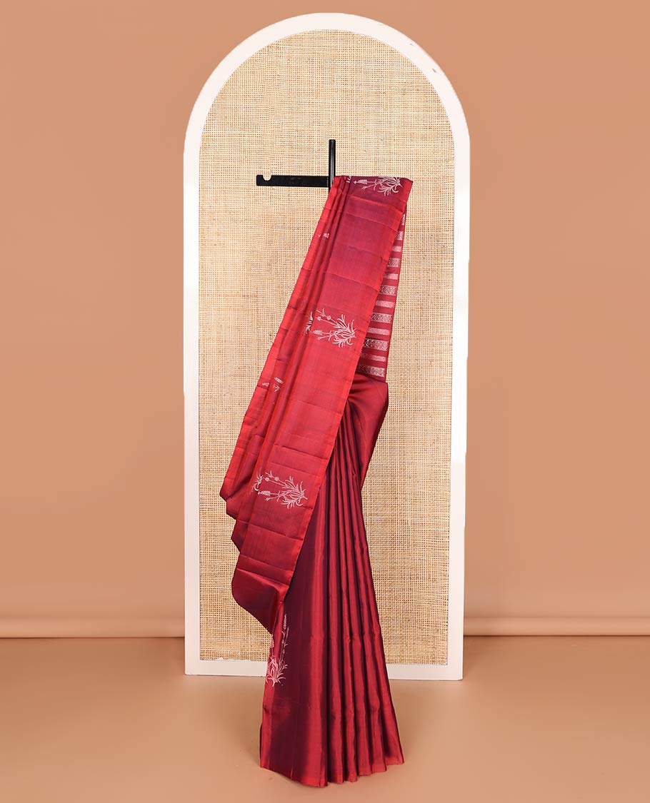 Borderless red zari buttas soft silk saree, zari woven pallu of traditional designs
