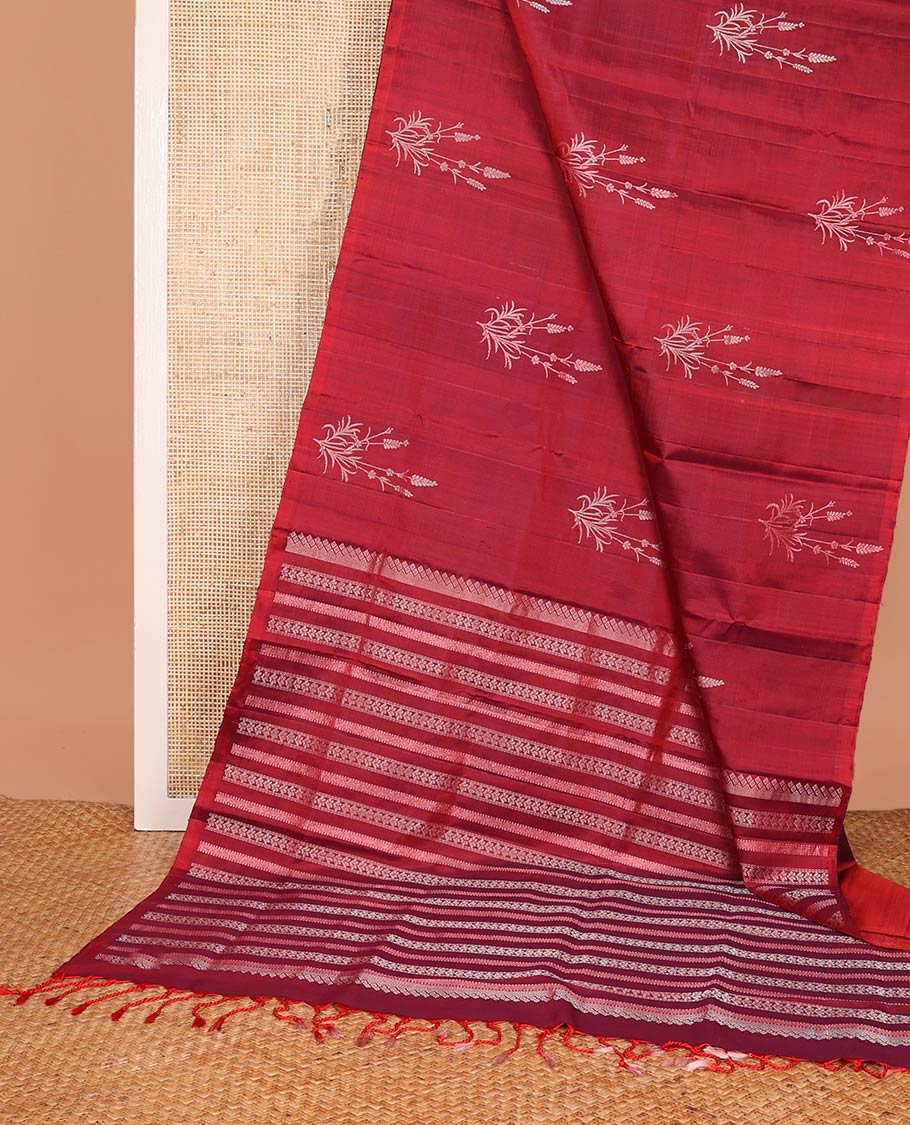 Borderless red zari buttas soft silk saree, zari woven pallu of traditional designs