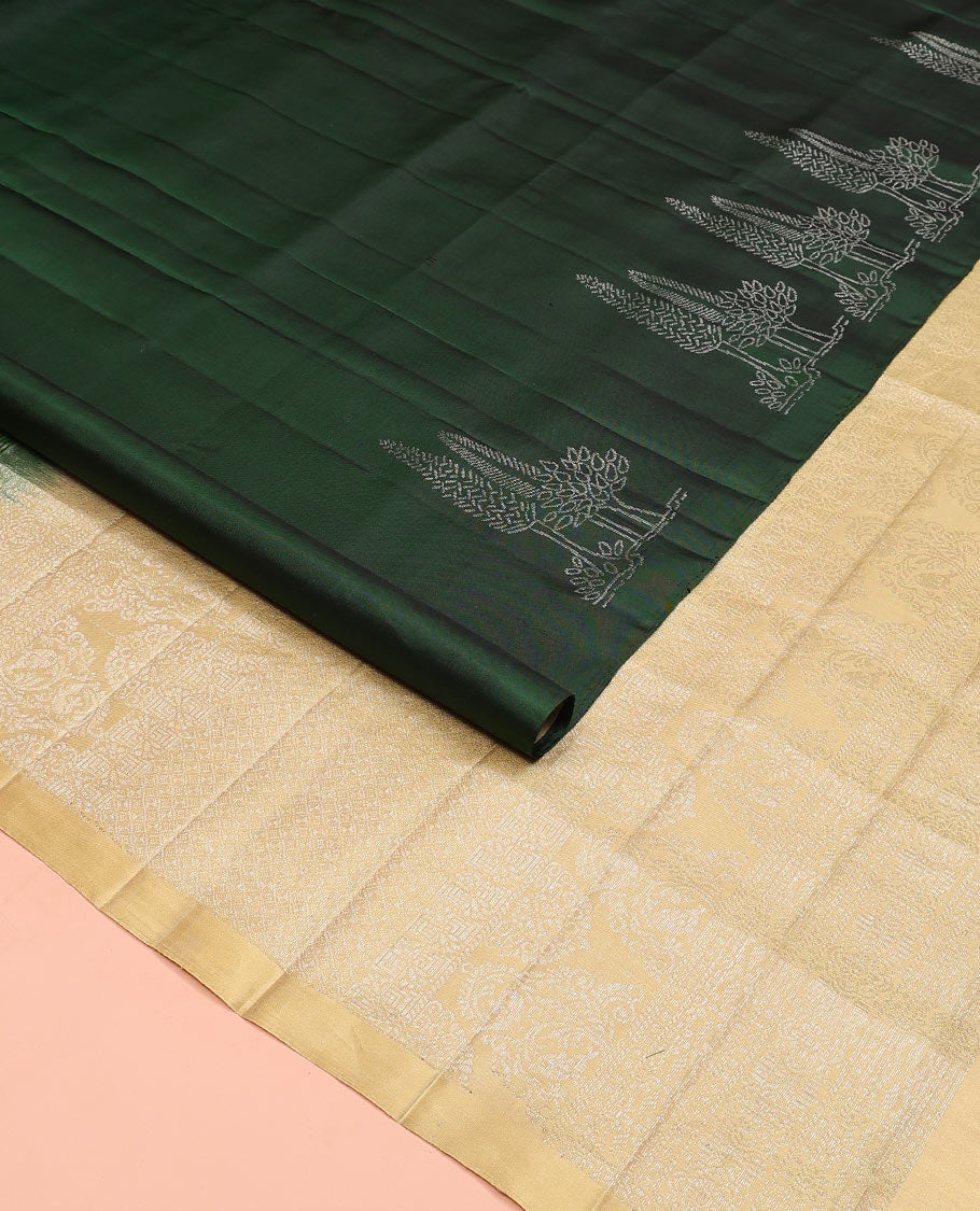 Borderless green tree buttas soft silk saree, contrast intricately designed pallu