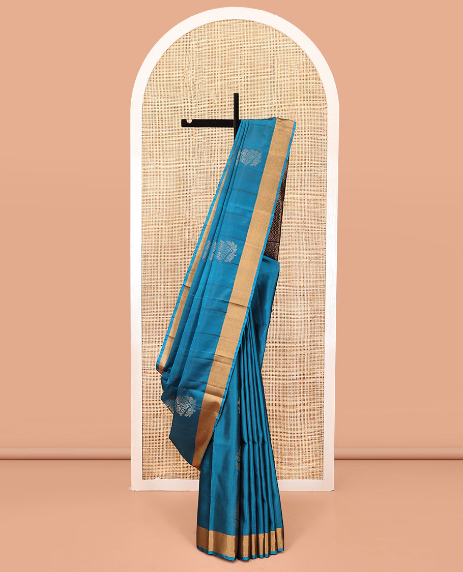 Blue Mayuri Lite Silk Mix Saree, Sparsely Woven with Zari Buttas on Its Body, Highlighted by Zari Bavanji Border, Complemented by a Contrast Pallu of Jaal Designs, and Paired with a Contrast Blouse