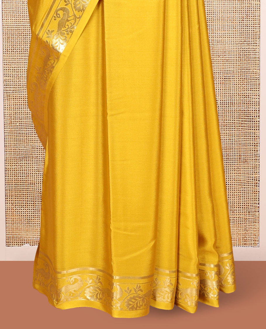 Yellow Plain Mysore Silk Saree, Highlighted by Zari Traditional Border of Peacock Designs, Pallu Steeped with Zari Stripes, and Paired with a Matching Blouse