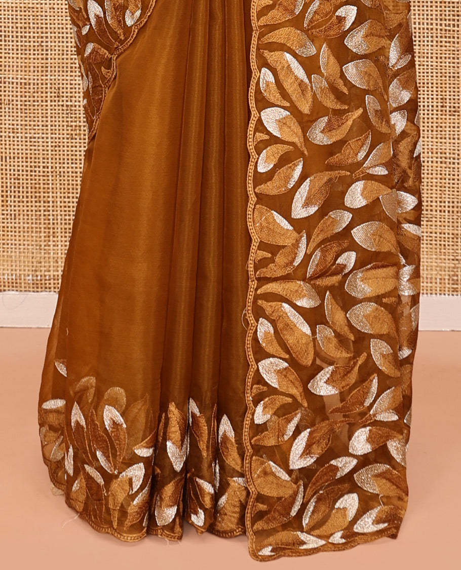 Mustard Plain Organza Saree, a Scalloped Leaf-Motif Thread Embroidery Border, Pallu, and a Matching Embroidered Blouse