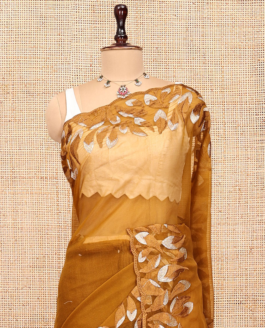 Mustard Plain Organza Saree, a Scalloped Leaf-Motif Thread Embroidery Border, Pallu, and a Matching Embroidered Blouse