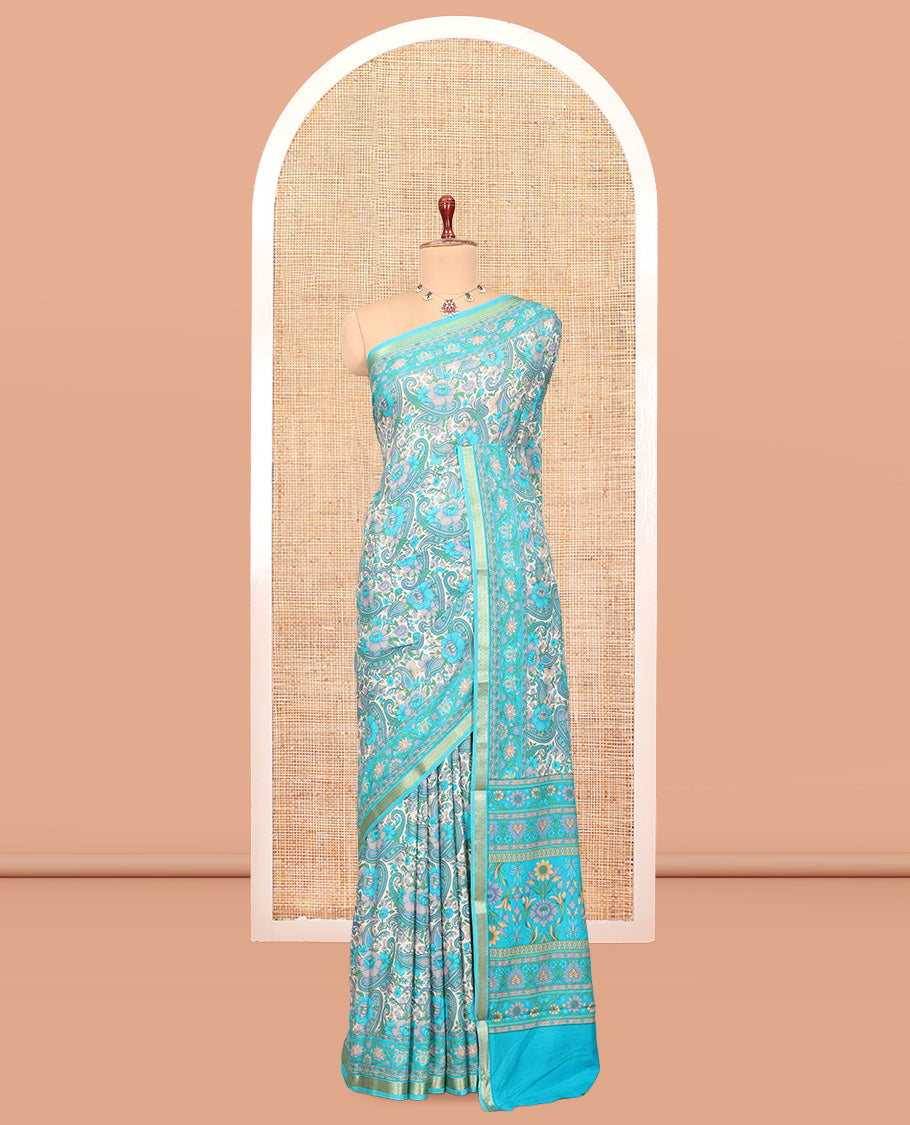 Blue Printed Silk Saree, Accentuated with Paisley Print, a Piping Border, Paisley Pallu, Matching Blouse