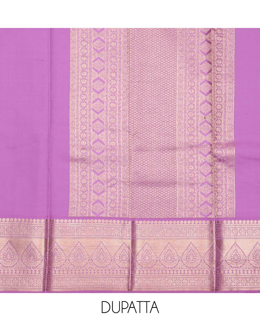 Yellow pure-silk half saree, jacquard with contrast traditional zari bordered skirt, zari design blouse, and zari design dhavani