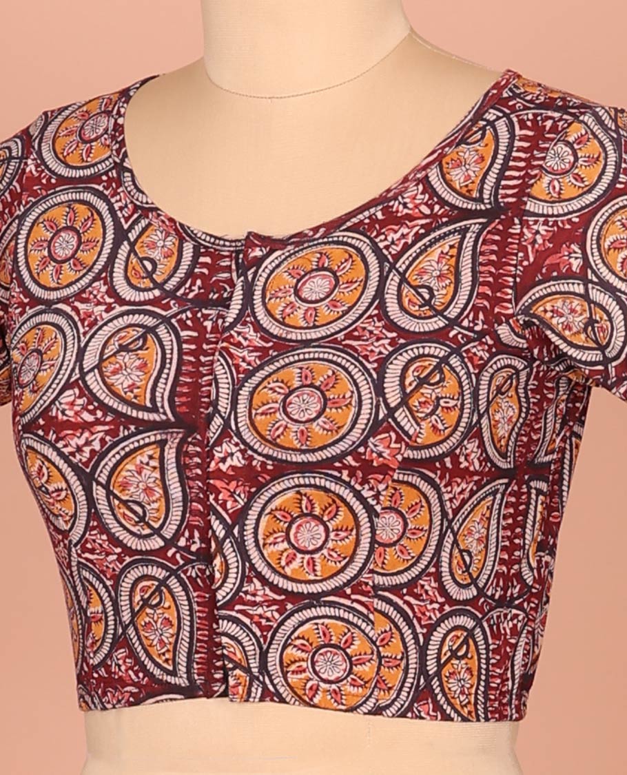 Maroon Cotton Readymade Blouse Ornamented with All-Over Chakram and Paisley Motif Print, Featuring a Front Round Neck, Back Round Neck, and Elbow Sleeves