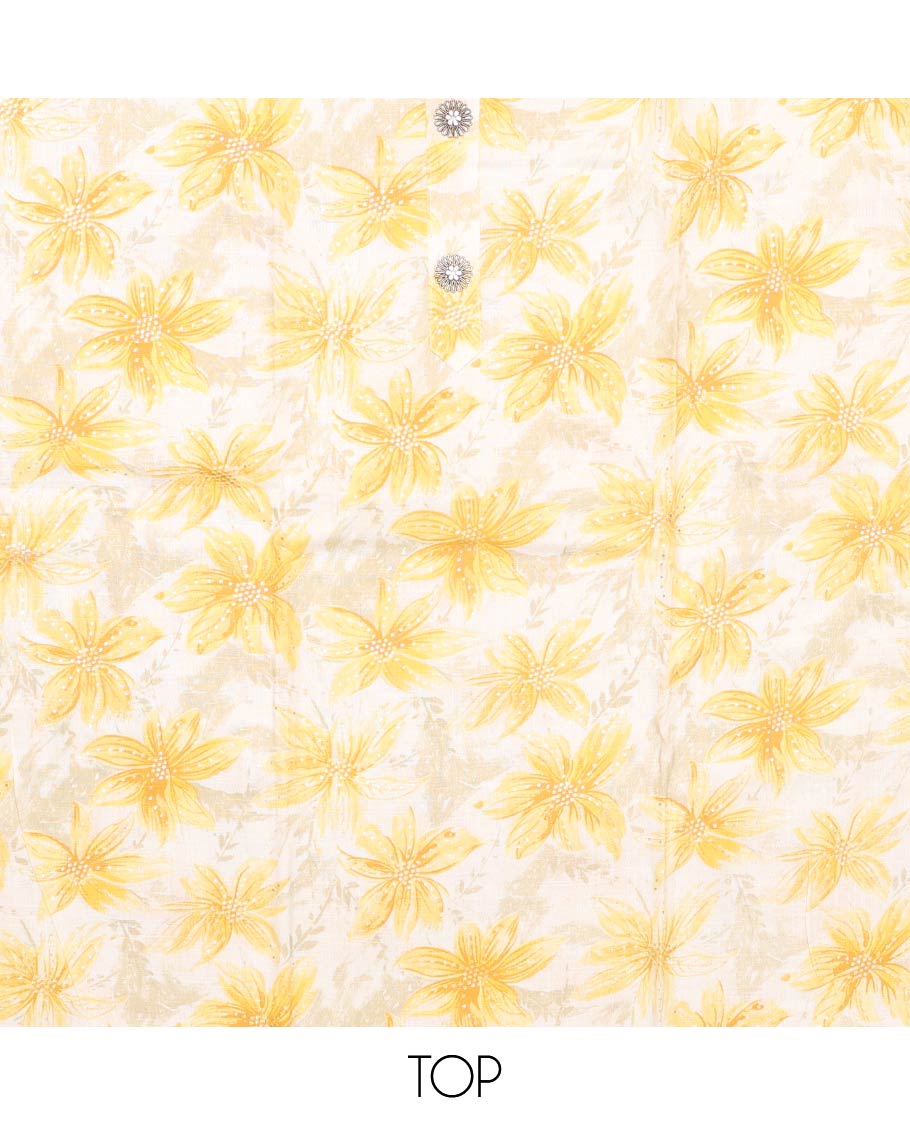 Yellow material churidar set, sunflower motifs printed with button stitched cotton top, contrast chevron printed cotton bottom, and textured chanderi dupatta of sequins stripes