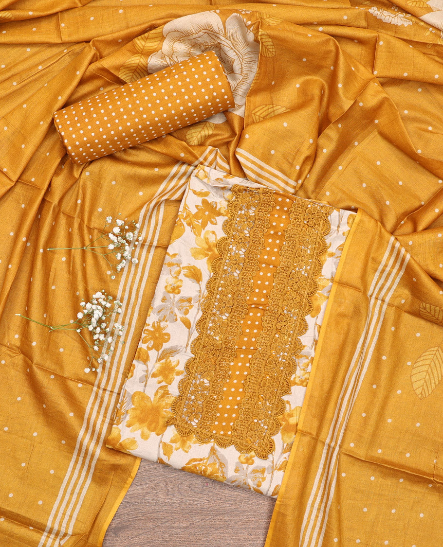 Yellow Material Chudidar Set, Adorned with Floral Motifs Print and Embroidery on Cotton Top, a Polka Dot Printed Cotton Bottom, and Paired with a Floral Printed Cotton Dupatta
